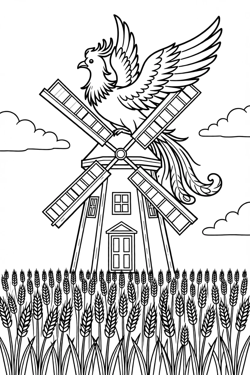 A phoenix perches on a windmill at sunset, its glow illuminating the surrounding wheat field like a second sunset.