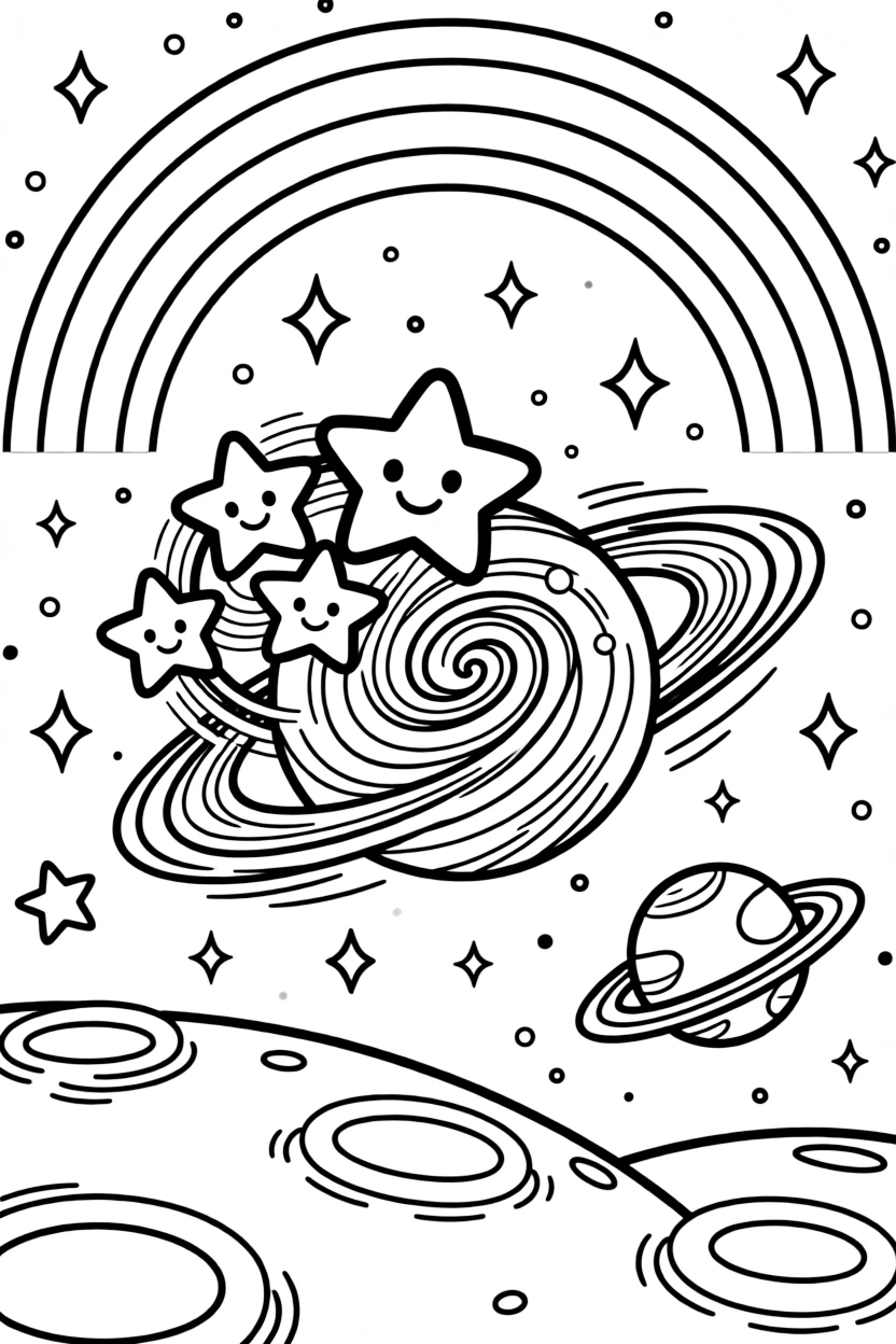 [Outer Space] a cluster of twinkling stars spinning slowly in orbit near a swirling galaxy, looking determined and brave, while distant stars twinkle like tiny diamonds fills the surrounding area. Craters and rings add fun texture. Set just after a rainstorm, with a rainbow arching overhead, the page bursts with adventure and imagination.