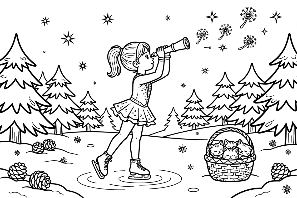 A girl figure skater in a sparkly costume is stargazing through a small brass telescope in a snowy forest clearing under twinkling stars. Just beyond, floating dandelion seeds catching the light and a basket of sleepy kittens curled together add a sprinkle of wonder to the moment.