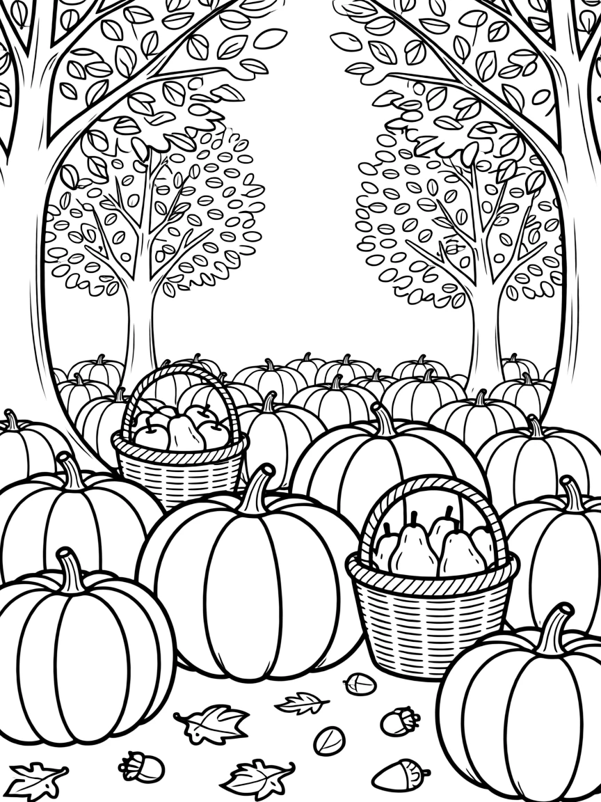 A close-up of a field of round orange pumpkins ready for picking in a forest clearing where the trees are turning gold, surrounded by a basket of freshly picked apples and a bushel basket of pears.