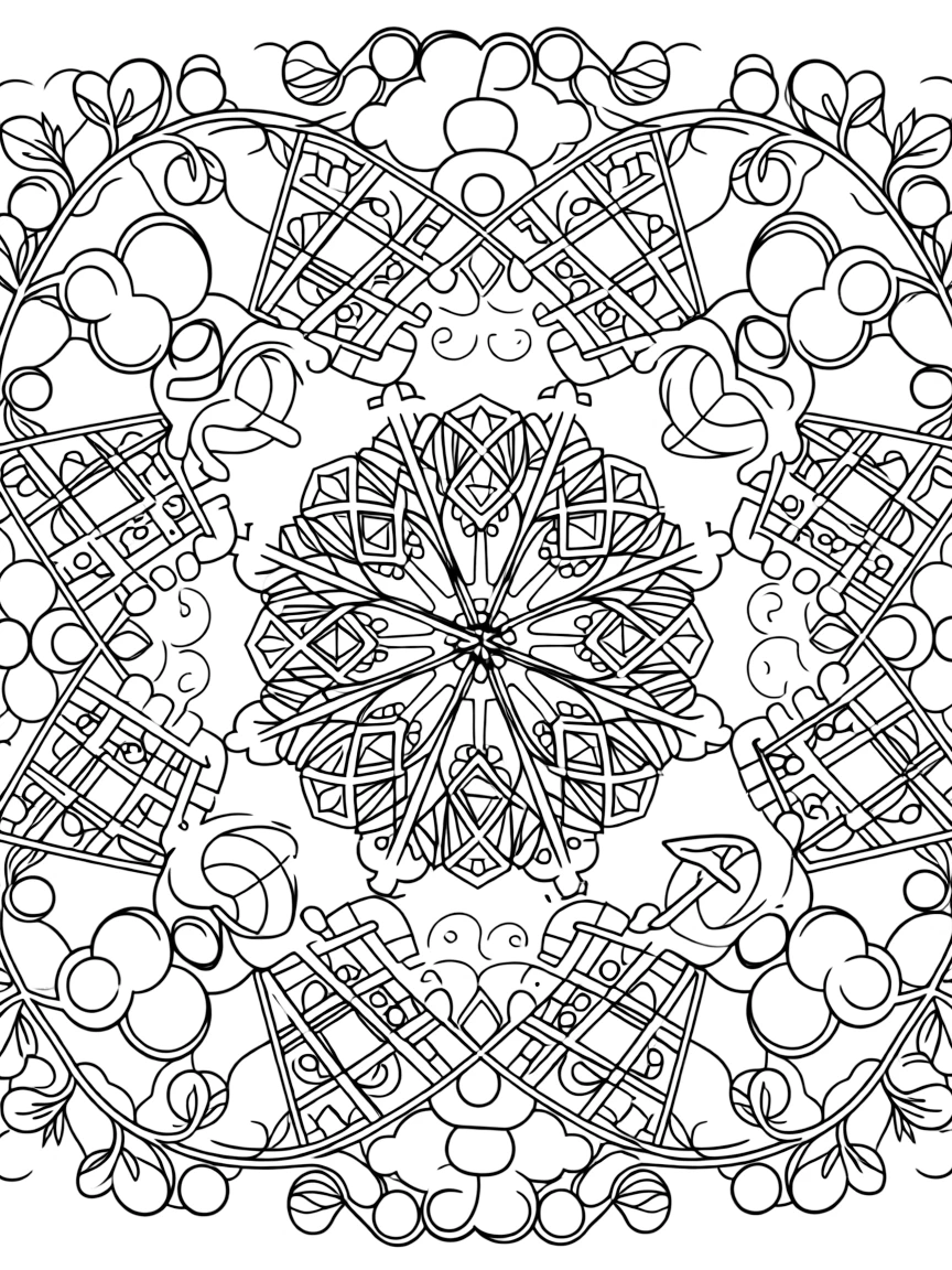 Dinosaurs & Prehistoric: The design turns an ankylosaurus with a club-shaped tail into a kaleidoscope-style composition anchored by an eight-point star mandala framing the design. The imagery is reflected six times around a central point, so each wedge of the page mirrors the one beside it. Decorative details fill the surrounding space, including a grid of lattice diamonds, clusters of round bubbles, and twisting berry-vine garlands woven throughout the background. A playful extra touch completes the page: a small flag on a stick poking out from one side of the pattern.