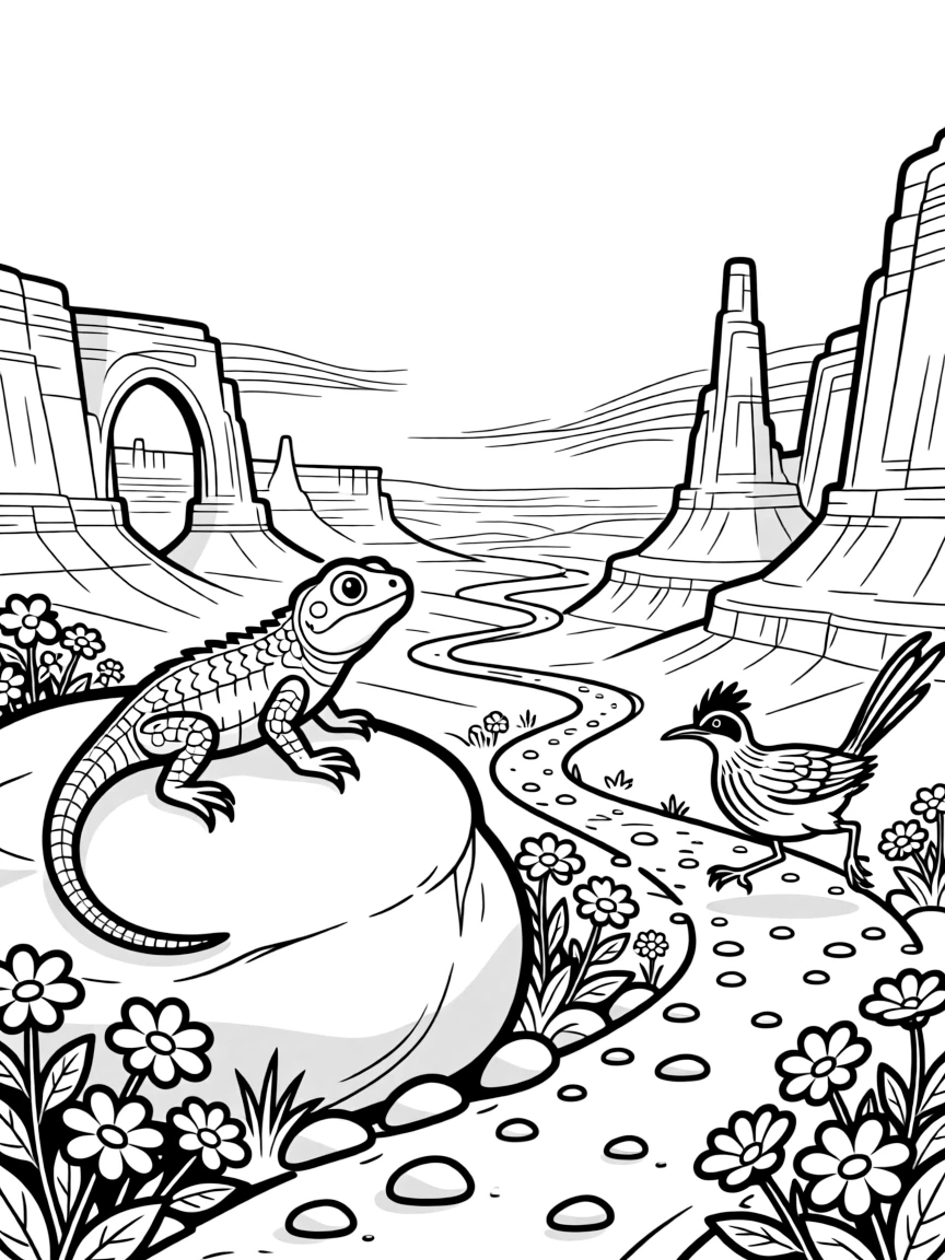 [Canyon Trails] A curious lizard suns itself on a warm rock overlooking a dramatic canyon vista. A roadrunner darts across the trail past a cluster of wildflowers growing between rocks. Ancient rock formations shaped like towers and arches rise from the canyon floor. A warm breeze drifts through the canyon beneath a wide, clear blue sky.