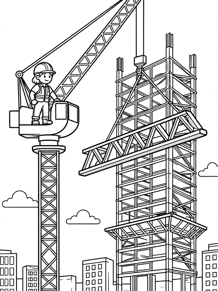 A crane operator swings a giant steel beam into place on a rising skyscraper.