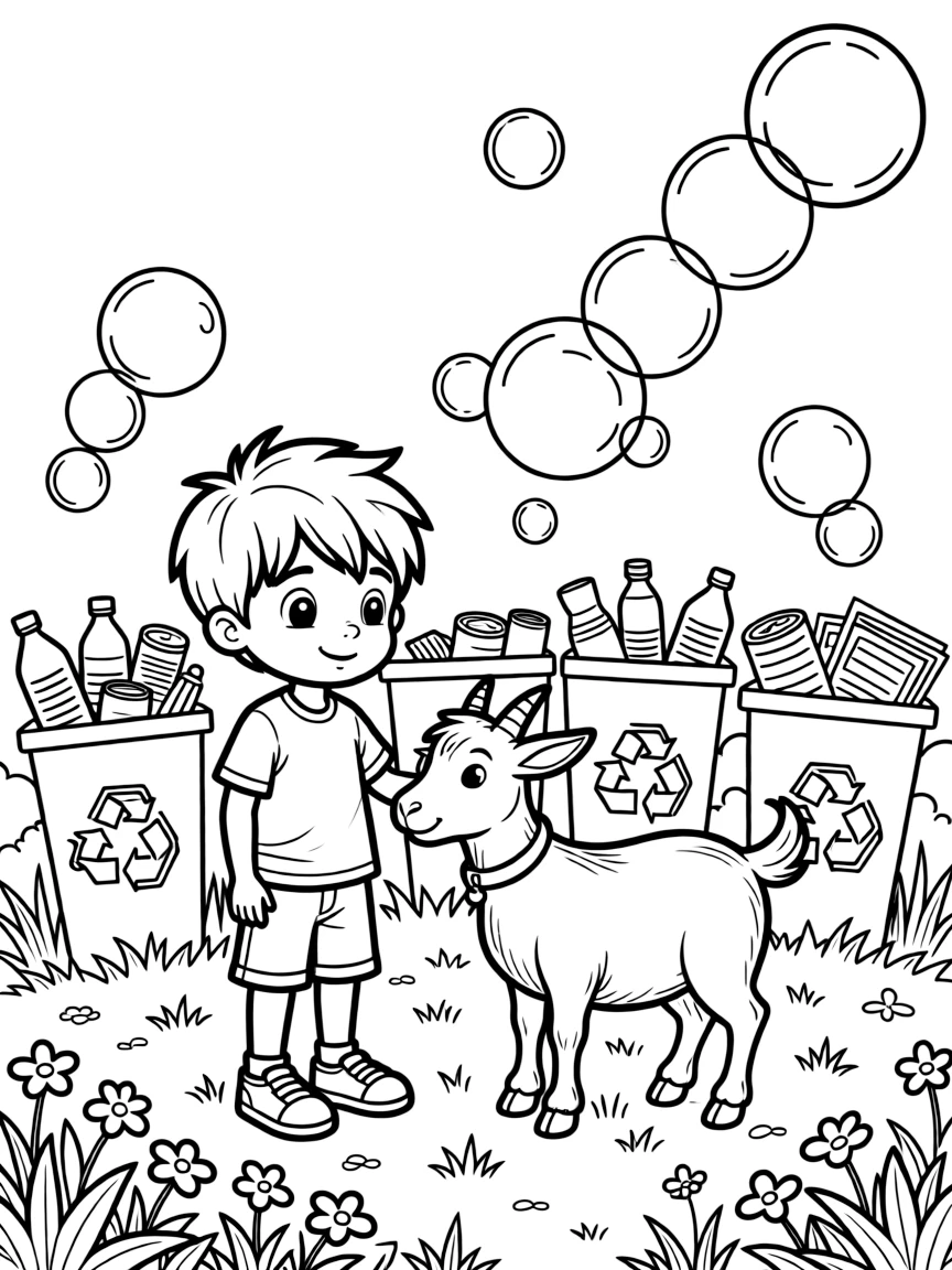 A boy with a missing front tooth petting a friendly goat at a recycling drive as soap bubbles float upward.