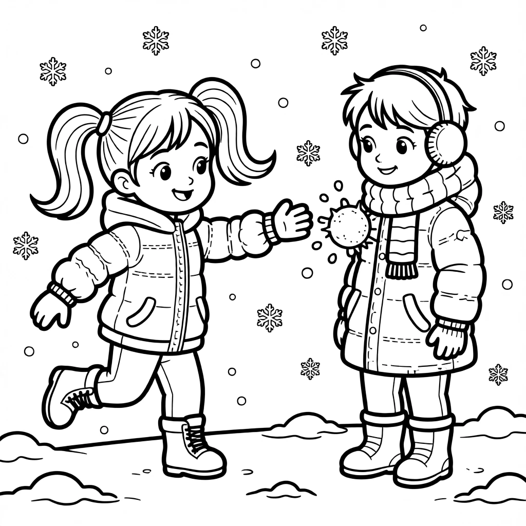 A determined girl with pigtails, tossing a snowball that bursts into powder against a friend's jacket.