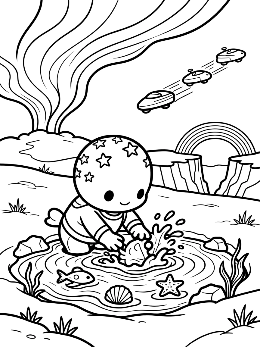 Pebble, a gentle alien creature covered in star-shaped spots rescuing baby sea creatures caught in a gentle tide pool storm on an ocean planet, in a snow-covered tundra planet with auroras dancing overhead, with a fleet of hover-scooters zipping past in the background and a rainbow bridge arching over a canyon nearby.