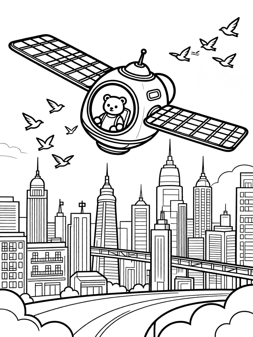 A docking space station module with solar panel wings is shown journeying through a gleaming futuristic city skyline with towers and skywalks, with a teddy bear buckled safely into the passenger seat close by and a flock of birds flying alongside in formation completing the lively scene.