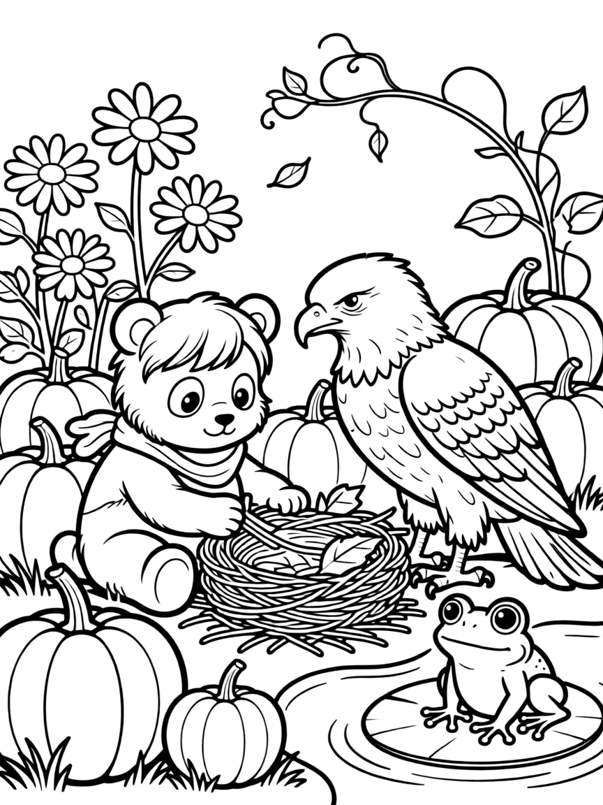 A panda cub in a pumpkin patch in October, building a tiny nest together with a bald eagle, next to a bed of daisies, while a curious frog watches from a lily pad.