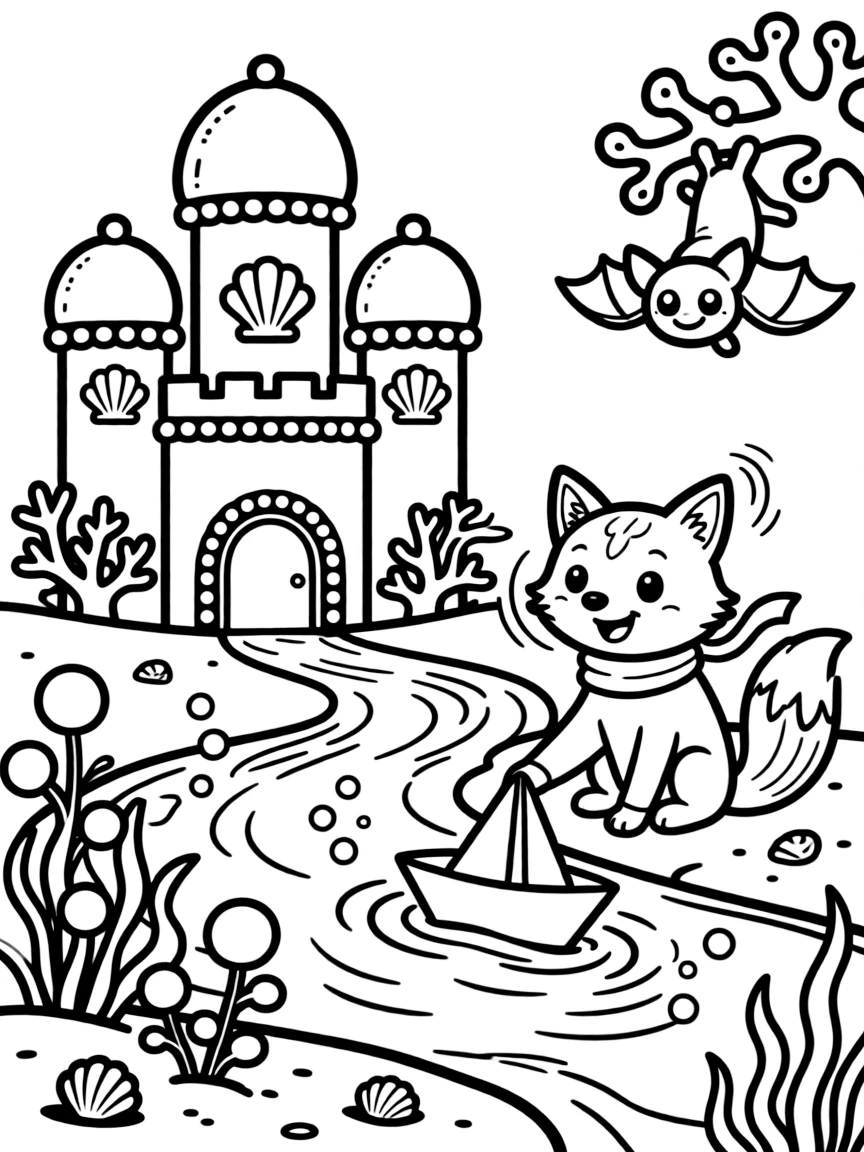 In an underwater castle built from coral and pearls, a round aurora spirit fox discovers the joy of racing paper boats down a bubbling brook, while a friendly bat hanging upside down nearby watches happily nearby. Warm smiles and happy cheers fill the scene.