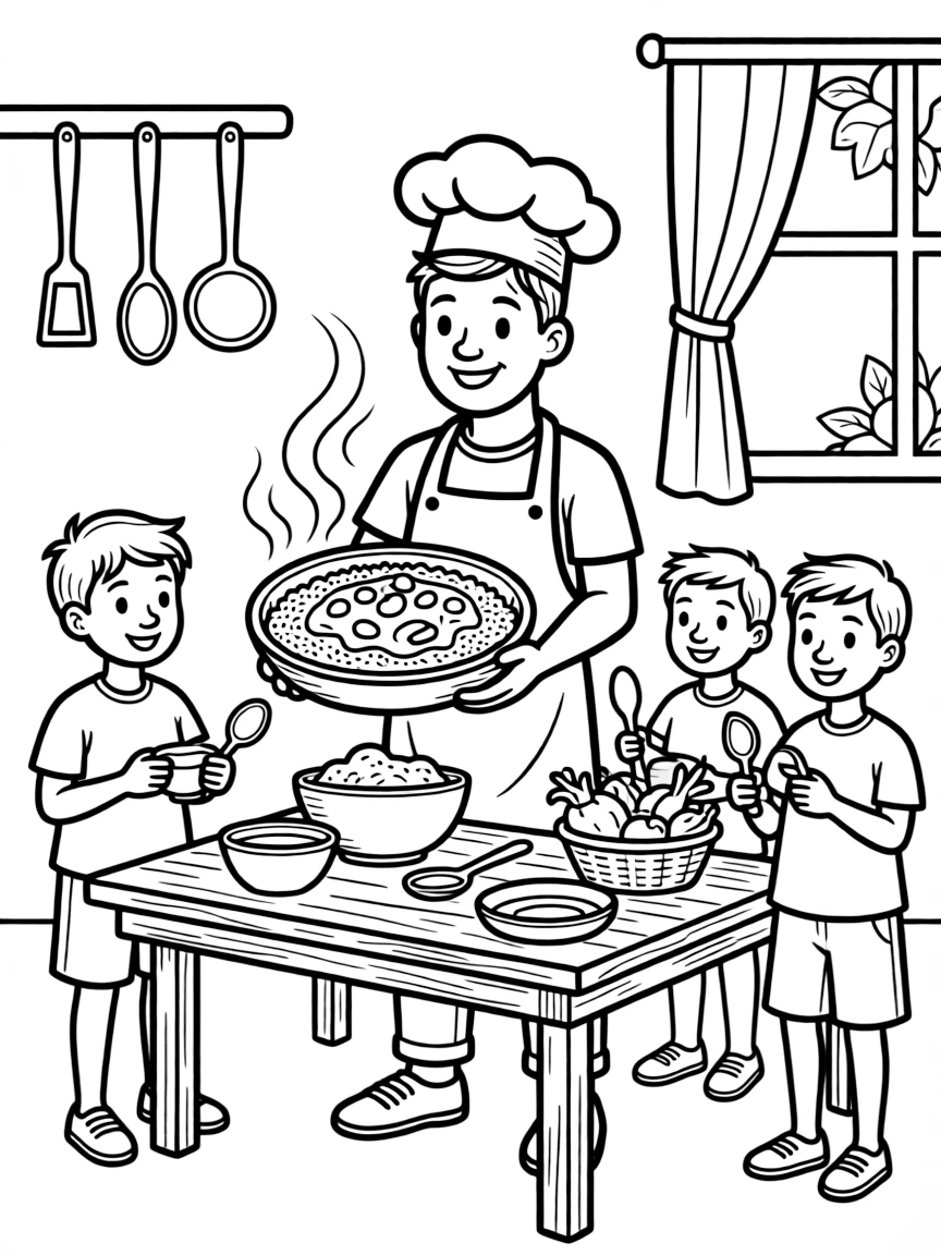 A coloring page of a happy cook in Mali presenting a bowl of rice with peanut sauce and vegetables, with steam rising and cheerful helpers gathered around the table.