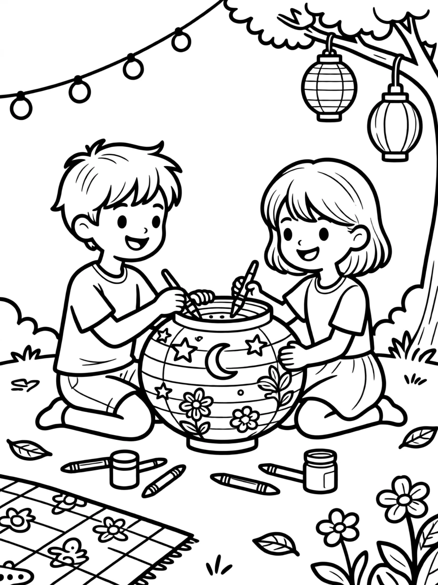 an adventurous pair of best friends decorates a paper lantern for a nighttime cultural festival parade.