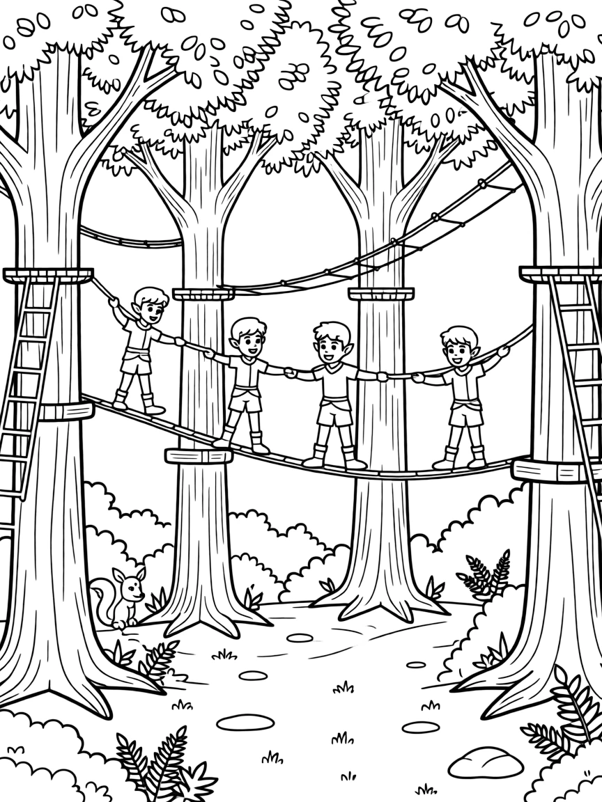 A troop of elf scouts navigate a rope course strung between ancient trees during their annual forest games.
