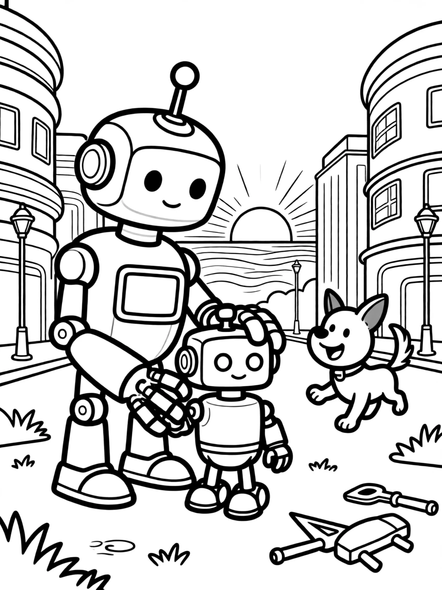 [Robots] a robot with clawed hands building a small robot friend in a futuristic city. In the background, a friendly dog-shaped robot trots alongside, adding extra fun to explore. Antennae stick up from the top of its head. It all happens at sunrise, with heat waves shimmering in the distance.