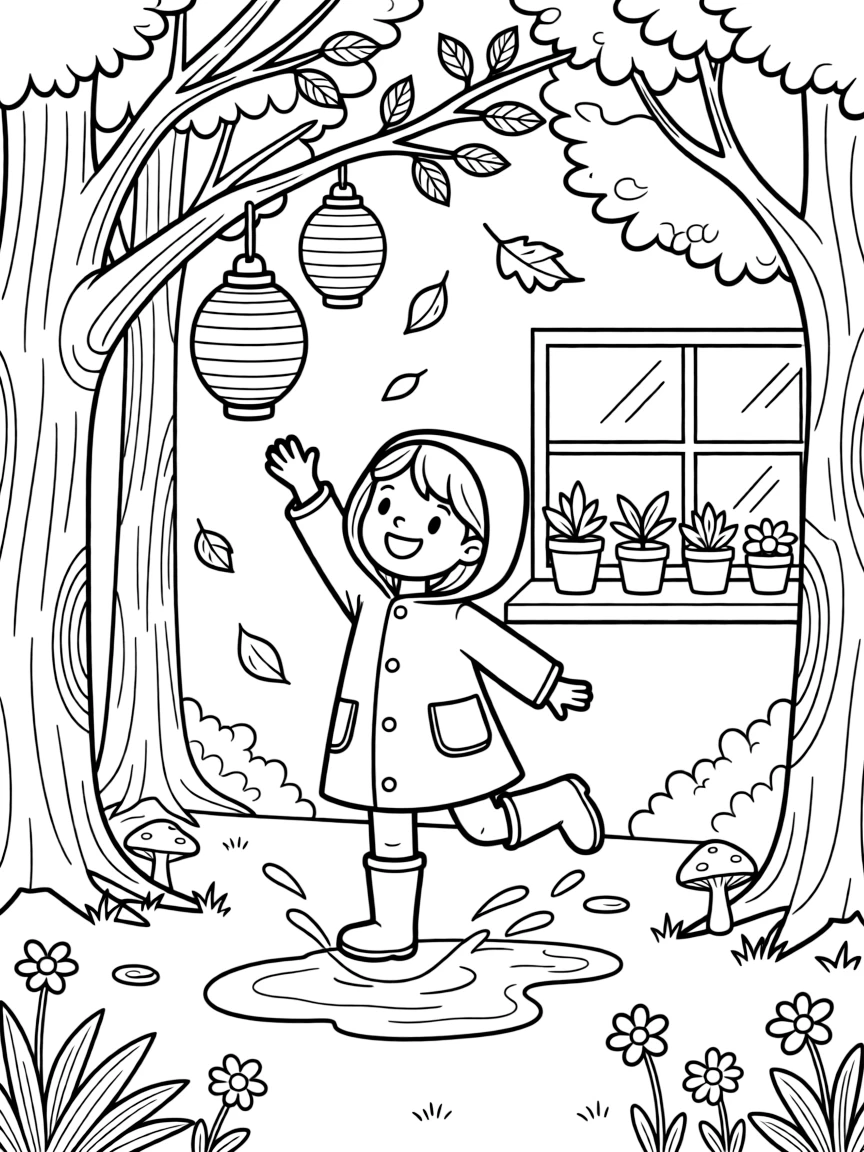 A girl in a yellow raincoat jumping in puddles is hanging paper lanterns for an evening celebration in a quiet clearing of an enchanted forest. Just beyond, a row of potted plants along a windowsill and swirling autumn leaves in every color add to the delightful moment.