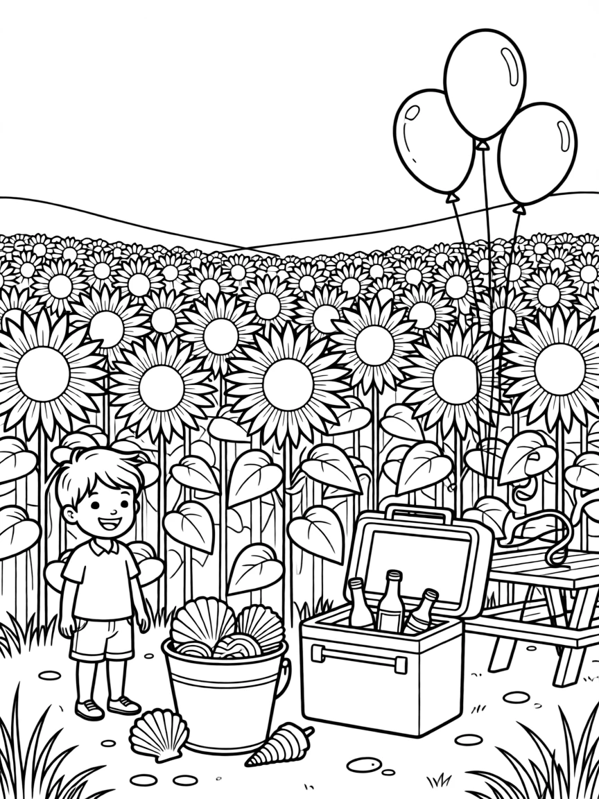 A neighborhood barbecue with balloons and streamers in a sunflower field stretching toward the horizon, alongside a grinning child and a seashell collection in a bucket, with a cooler stocked with cold drinks close by.