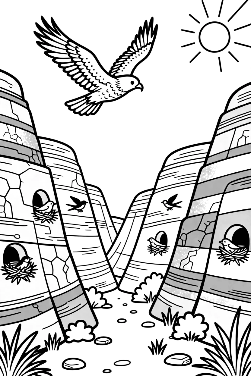 [Canyon Trails] A hawk circles high above a deep canyon carved with layers of orange and red rock. Swallows dart in and out of small holes in the canyon walls, building their nests. Layers of red, orange, and gold rock rise in dramatic stripes along the canyon walls. Bright sunlight illuminates the striped canyon walls beneath a nearly cloudless sky.