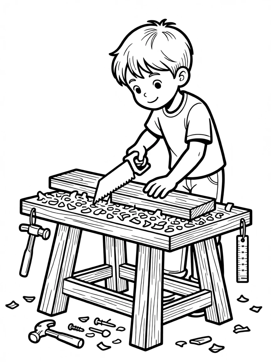 A carpenter saws a wooden plank on a workbench covered in sawdust.