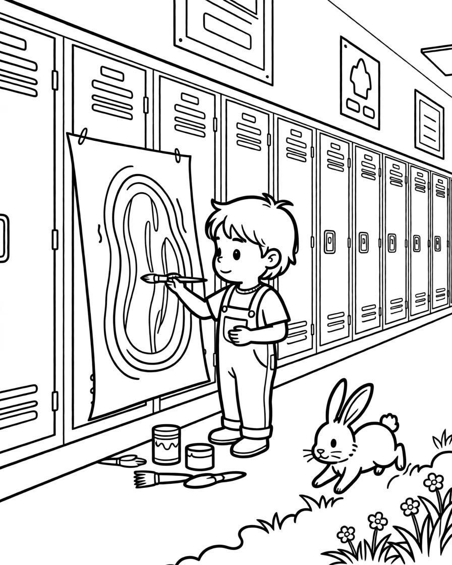 A shy toddler painting a mural on butcher paper at a school hallway lined with lockers while a rabbit hops through the grass.