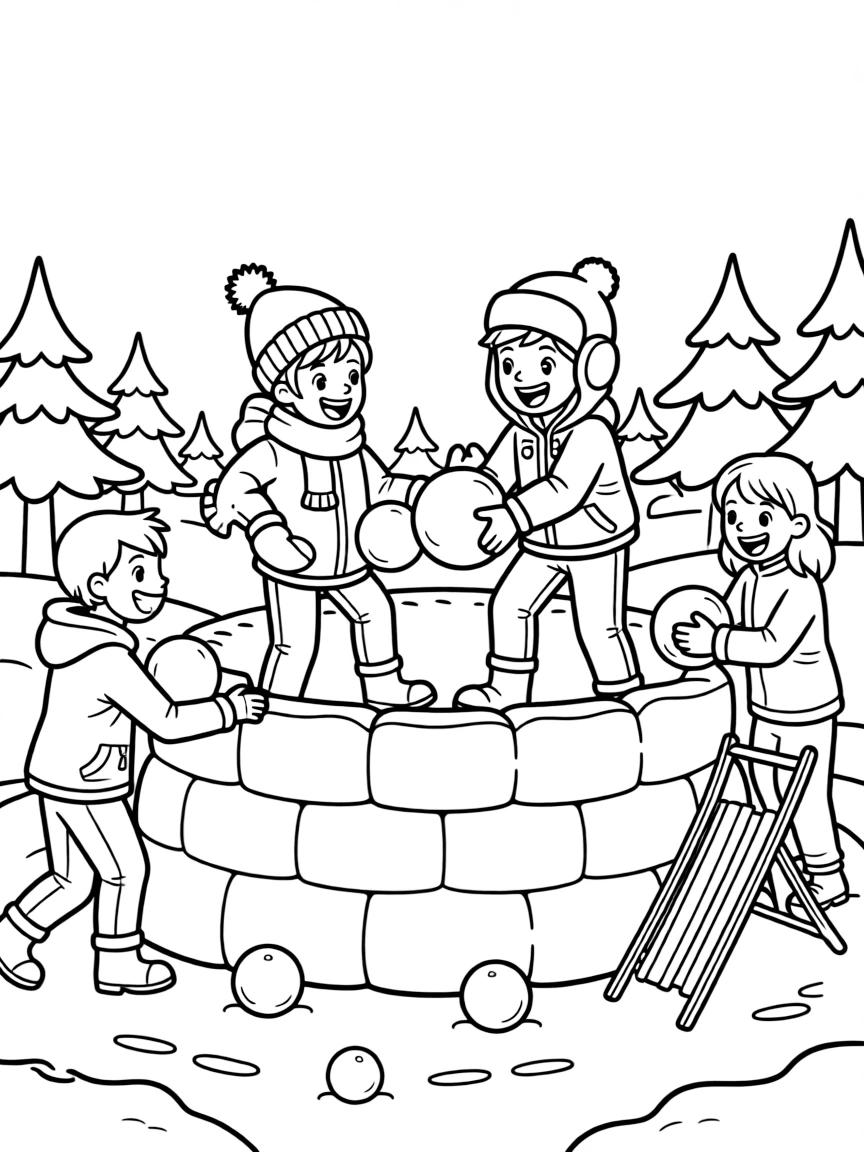 A pair of best friends, building a snow fort wall with friends before a big snowball battle.