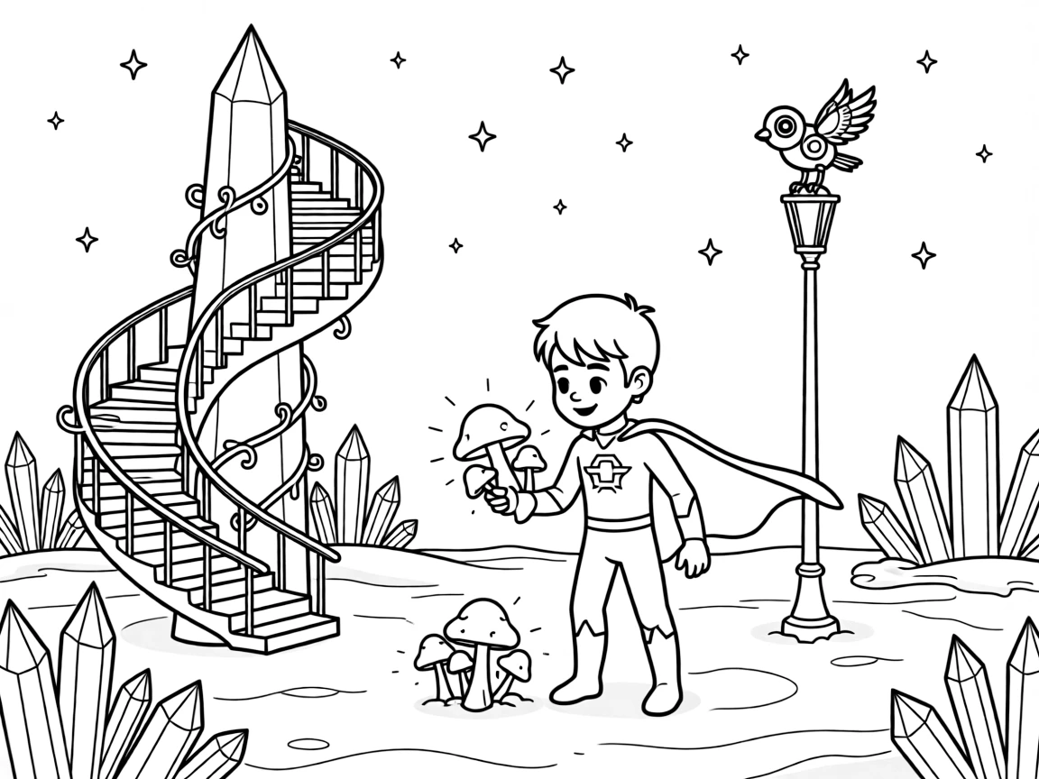 Captain Halo, a kindhearted shape-shifting superhero kid collecting glowing mushrooms for a moonlit science fair, in a shimmering ice planet dotted with crystal spires, with a spiral staircase wrapped in glowing vines and a robotic bird perched on a lamp post nearby.