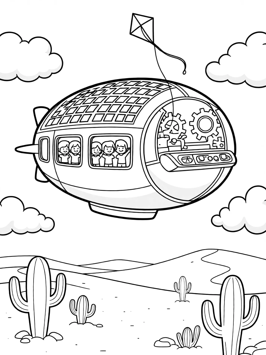 This page centers on a solar-paneled airship drifting through fluffy clouds exploring a golden desert dotted with cacti and distant sand dunes, featuring a group of cheerful kids waving from the windows and little extras like gears and control panels glowing softly and a kite dancing in the breeze above.
