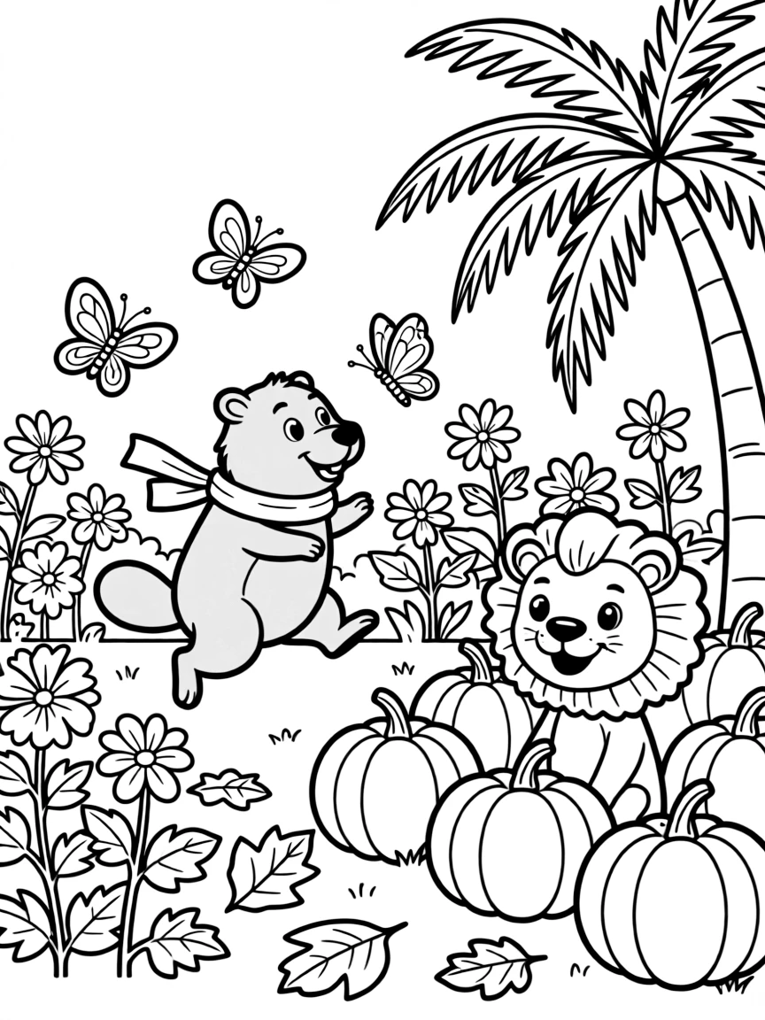 A beaver chasing butterflies through the garden with a lion cub in a pumpkin patch in October, near a tropical palm tree.