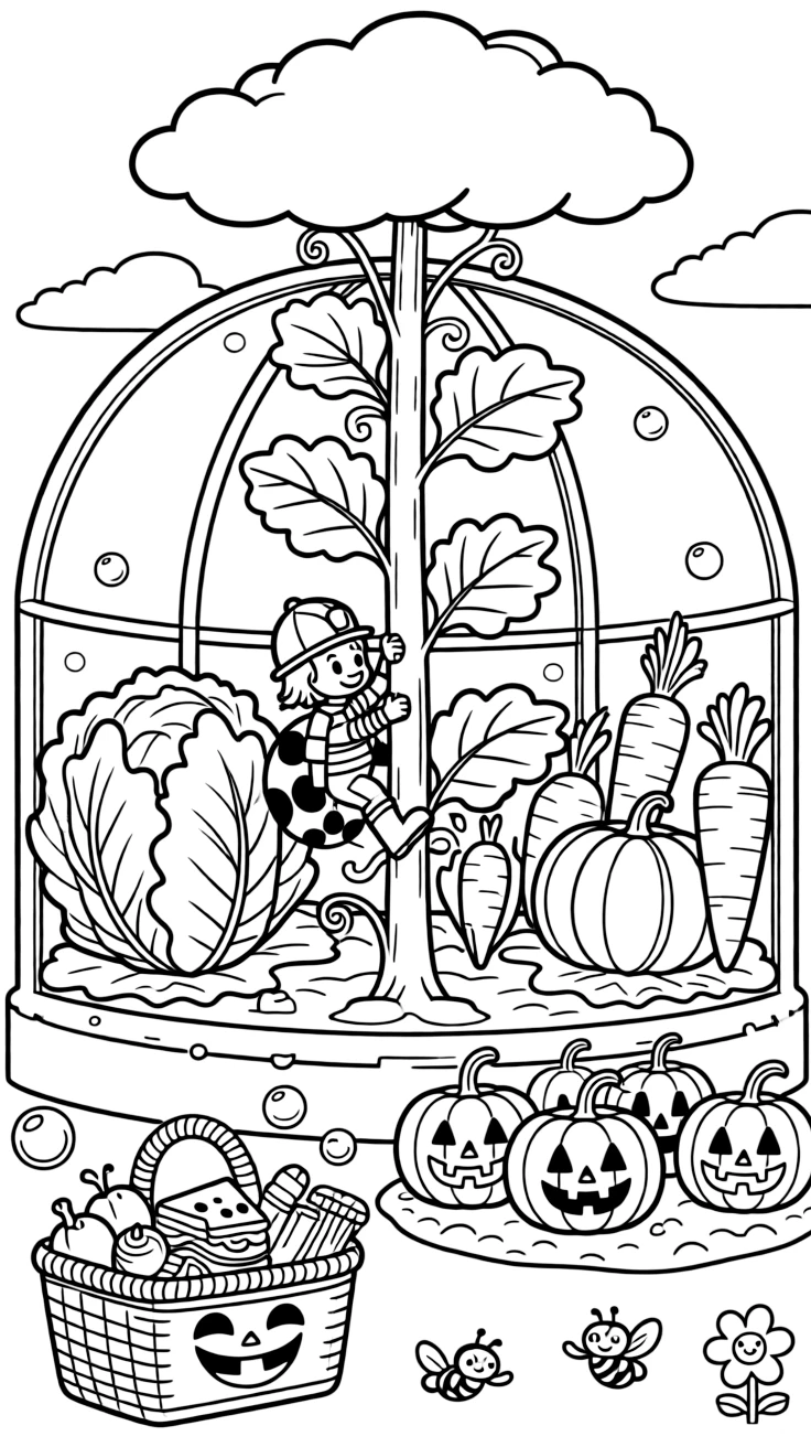 At a space station greenhouse growing giant vegetables, a bold ladybug firefighter is busy climbing to the top of a beanstalk that reaches the clouds, cheered on by a picnic basket overflowing with treats and a row of jack-o'-lanterns grinning in the dark. Warm smiles and happy cheers fill the scene.
