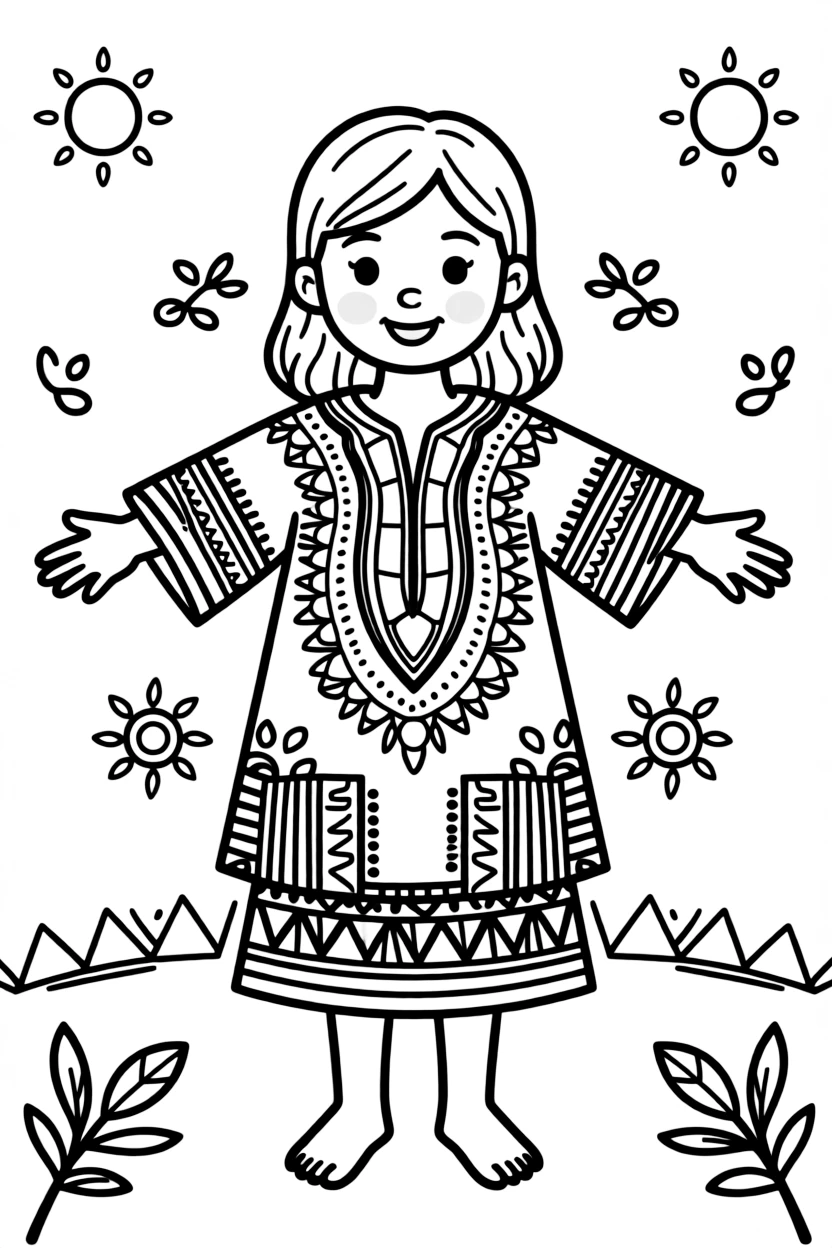 A coloring page portrait celebrating Mali, showing a child wearing bogolan mud-cloth clothing with bold patterns, standing proudly with arms outstretched and a warm smile, surrounded by simple decorative patterns.