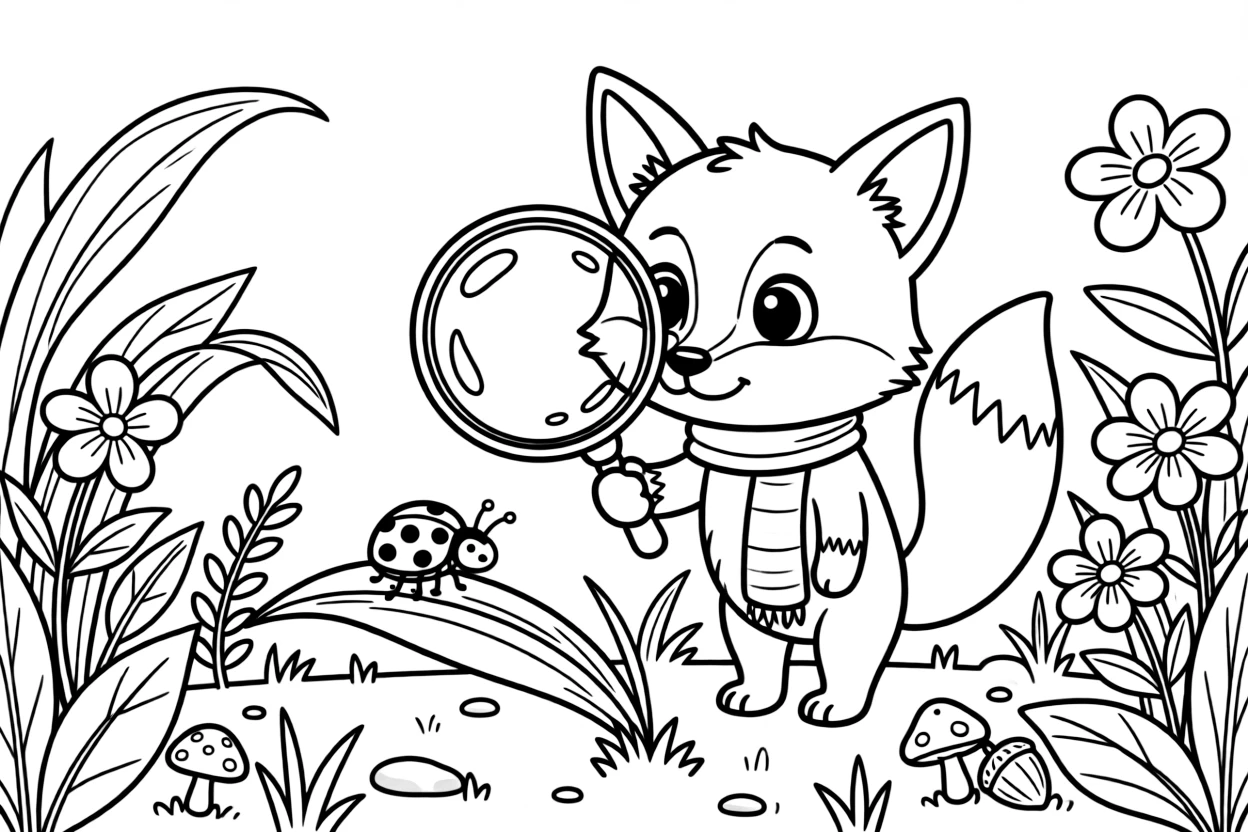 a thoughtful a small fox cub peers through a dewdrop like a magnifying glass at a tiny insect.