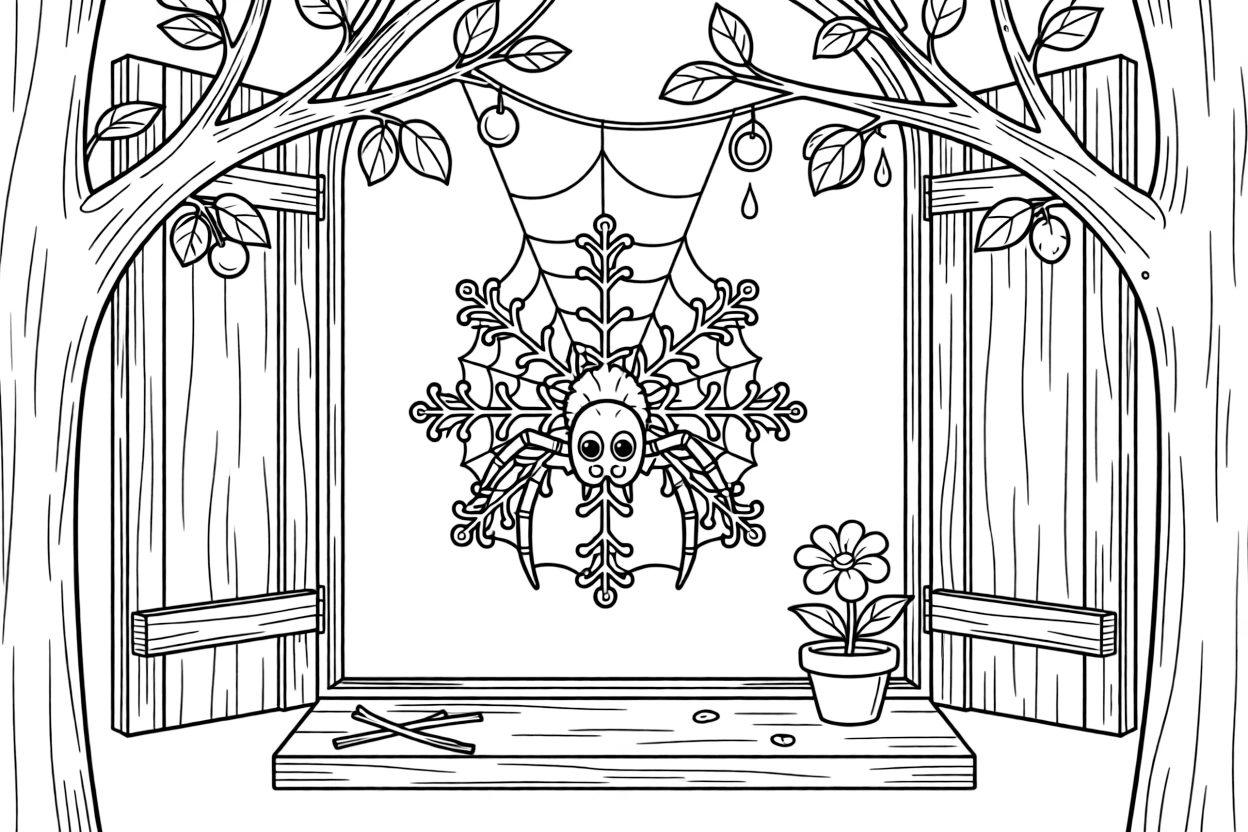 A witch's pet spider spins a web patterned like a beautiful snowflake between two branches outside her cottage window.