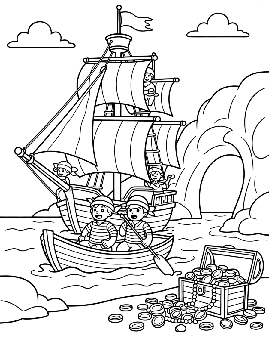 [Pirates] a pirate crew rowing a small boat climbing the rigging of a tall ship near a rocky sea cave, wide-eyed with wonder, while a treasure chest overflows with gold coins and jewels fills the surrounding area. A weathered flag flutters from the mast. Set during a bright summer day, under clear blue skies, the page bursts with adventure and imagination.