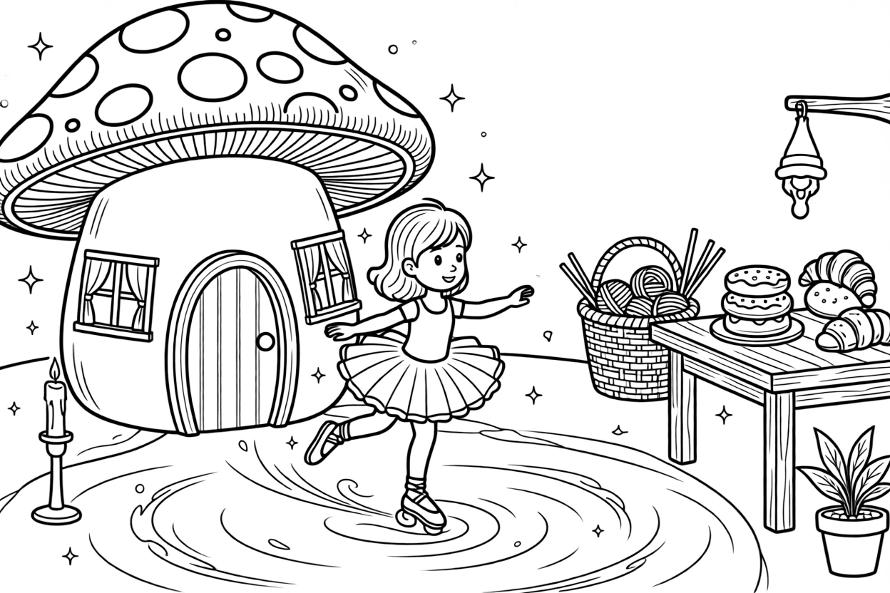 A girl in a twirly tutu is skating gracefully across the ice inside a gnome's cozy mushroom-shaped cottage. In the background, a basket of yarn and knitting needles nearby and a stack of freshly baked pastries give the moment a cozy feel.