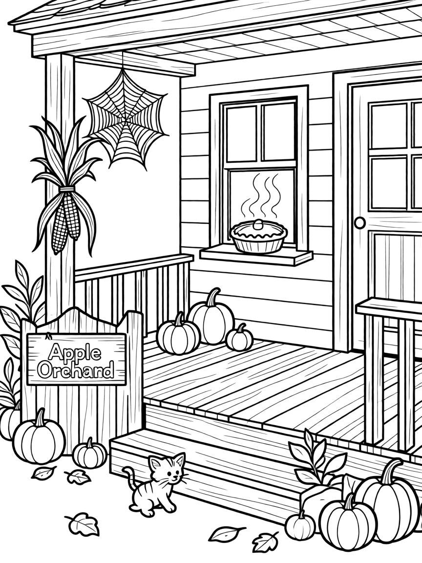 A wide view on a porch decorated with gourds and dried corn husks, featuring a rustic sign reading 'Apple Orchard' near a gate, a curious kitten, and a warm apple pie cooling on a windowsill, with a spider spinning a delicate web nearby.