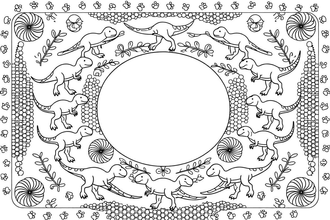 Dinosaurs & Prehistoric: The page centers on a repeating motif of a velociraptor mid-stride with a striped tail, built around a spiral mandala that winds gently from center to edge. The motif is shown marching in a repeating row all the way around the border of the page, framing an open medallion left blank in the center. Decorative details fill the surrounding space, including pinwheel blades spinning in place, rows of gentle leaf veins branching outward, and a field of tiny honeycomb cells woven throughout the background. A playful extra touch completes the page: a trail of small paw prints wandering along the outer edge.