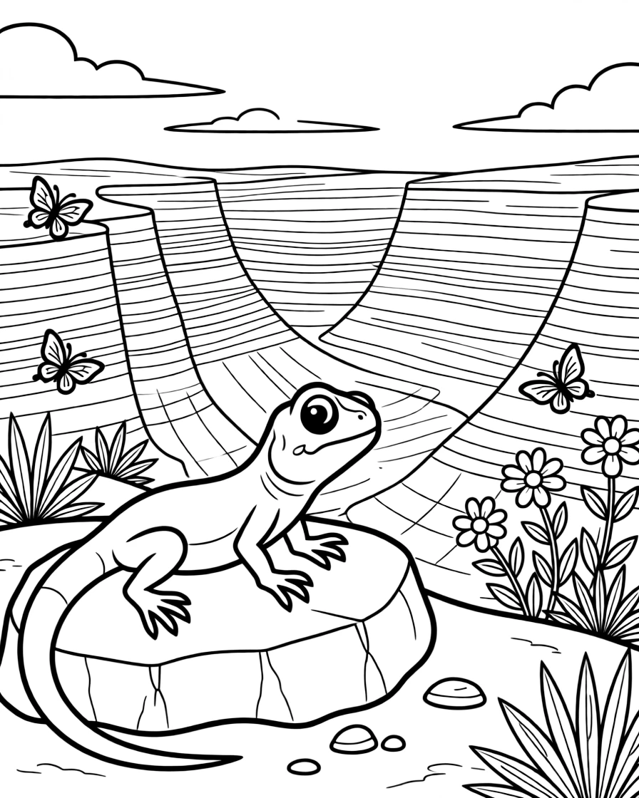 [Canyon Trails] A curious lizard suns itself on a warm rock overlooking a dramatic canyon vista. Butterflies drift along the canyon rim near a patch of hardy desert blooms. Layers of red, orange, and gold rock rise in dramatic stripes along the canyon walls. Morning light stretches across the canyon, highlighting every ridge and layer of rock.