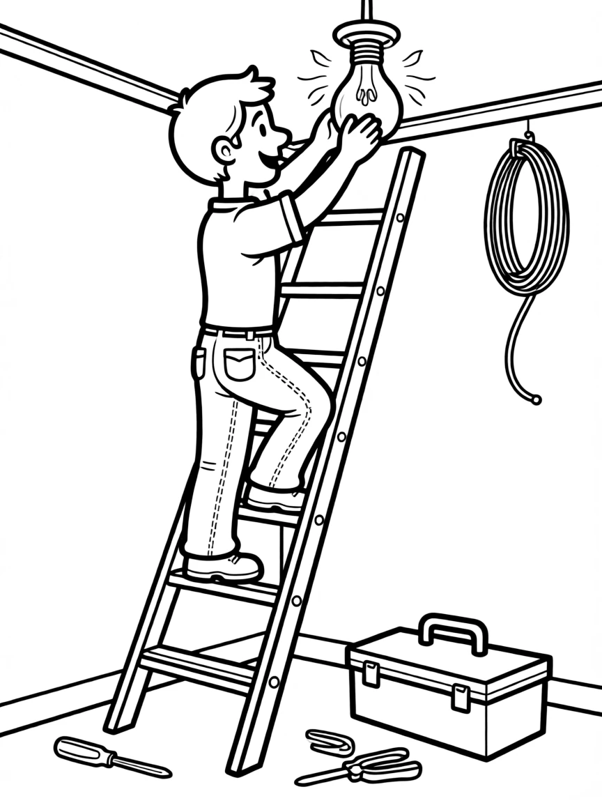 An electrician climbs a ladder to wire a light fixture on a ceiling.
