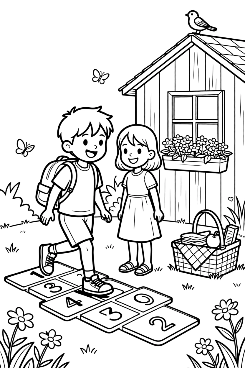 A boy with a backpack playing hopscotch with a neighbor kid by a garden shed with a picnic basket nearby.