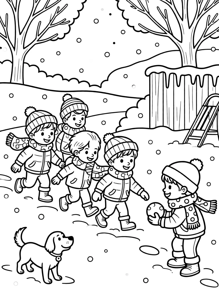 A team of neighborhood kids, sneaking up to ambush a friend with a perfectly packed snowball.