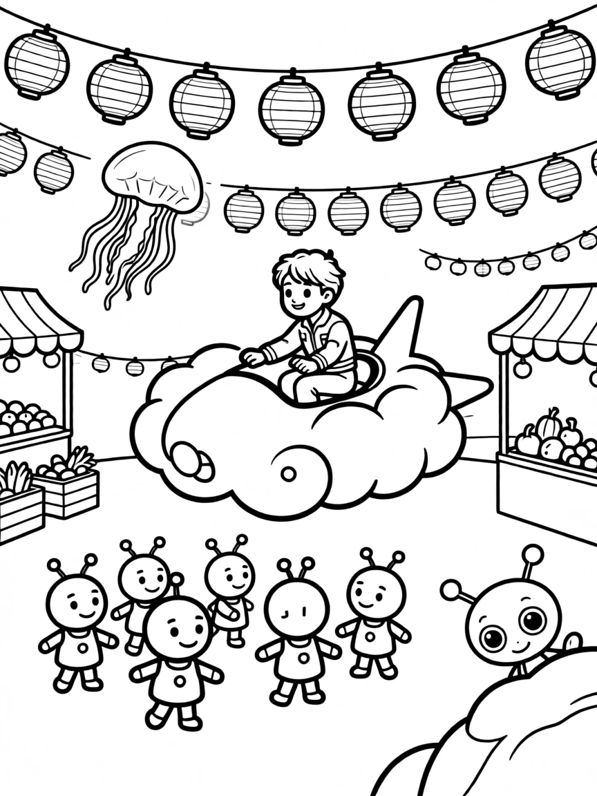 In a night market lit by paper lanterns and glowing jellyfish, pilot Quill zooming along on a cloud cruiser teaching baby robots their first dance moves at a robot school, while a curious alien creature peeking out from behind a rock adds to the excitement.
