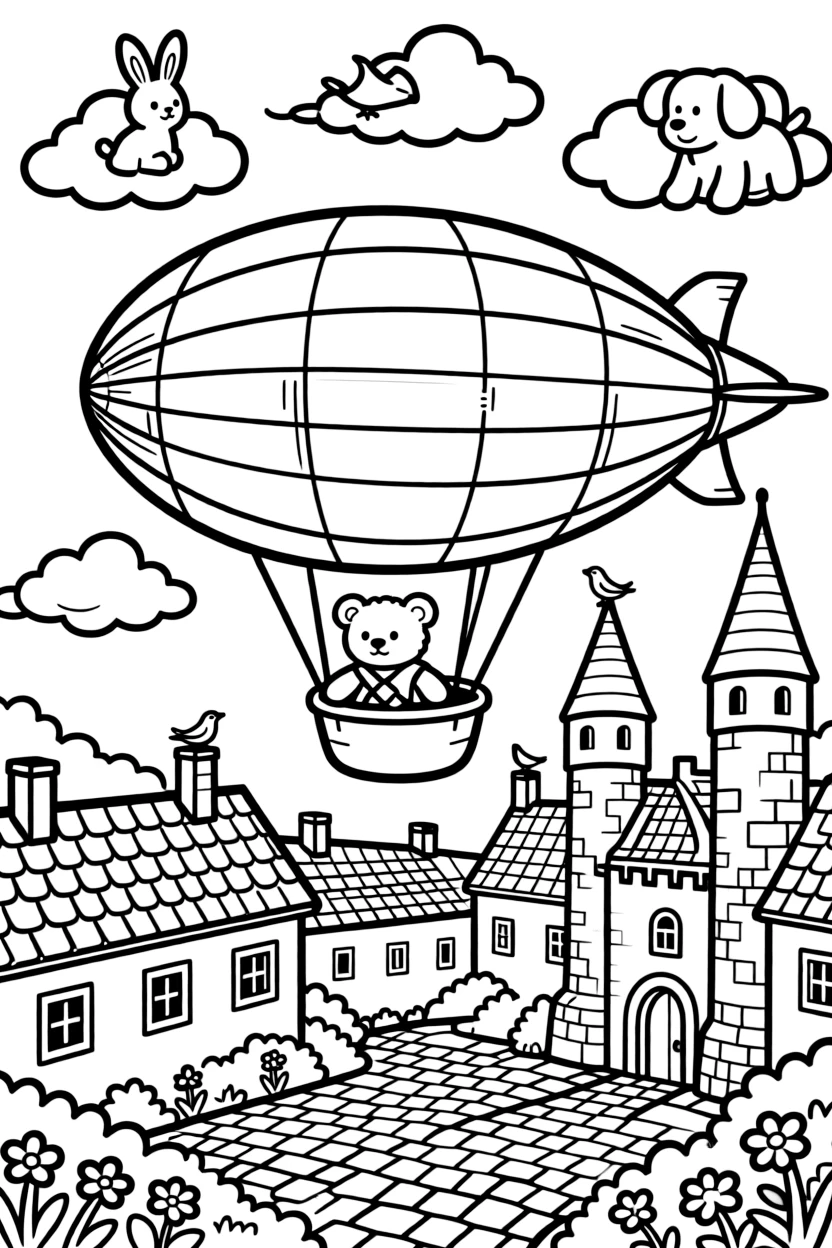 This coloring page shows a giant striped zeppelin airship floating over rooftops making its way across an old stone castle courtyard with tall towers, accompanied by a teddy bear buckled safely into the passenger seat, while fluffy clouds shaped like animals drifting overhead adds extra charm to the scene.