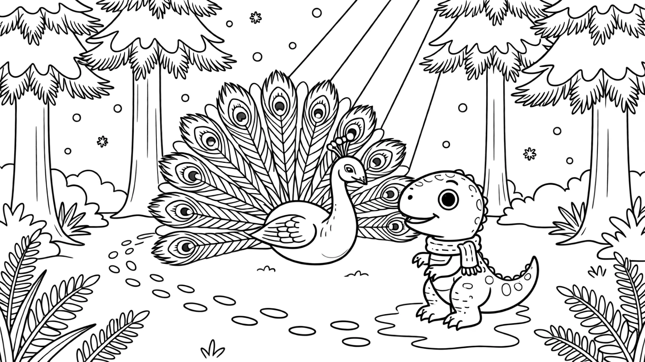 A peacock napping in a sunbeam next to a T-Rex hatchling in a snowy pine forest, near a fern-covered forest floor, with a trail of tiny footprints in the mud.