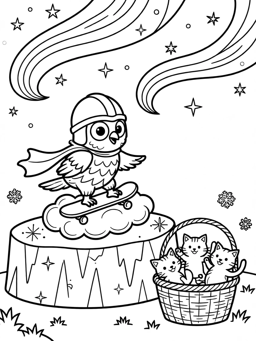 Clumsy and full of excitement, a dragon-riding knight owl spends the day riding a skateboard carved from a fluffy cloud on an iceberg glittering under the northern lights. Nearby, a basket of kittens tumbling over each other adds to the fun. It's a perfectly wonderful, magical moment.