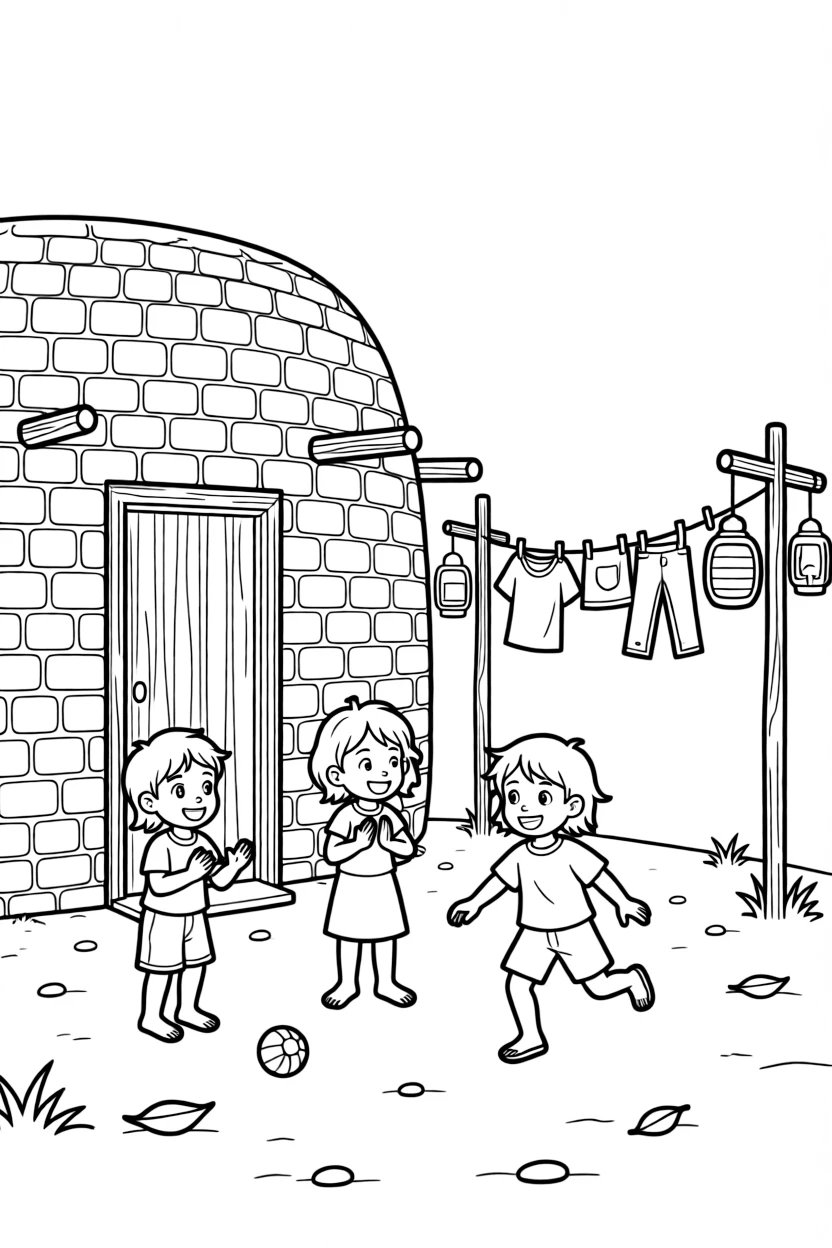 A coloring page featuring a mud-brick house with wooden support beams sticking out of the walls in Mali, with children playing just outside the door and laundry or lanterns strung nearby.