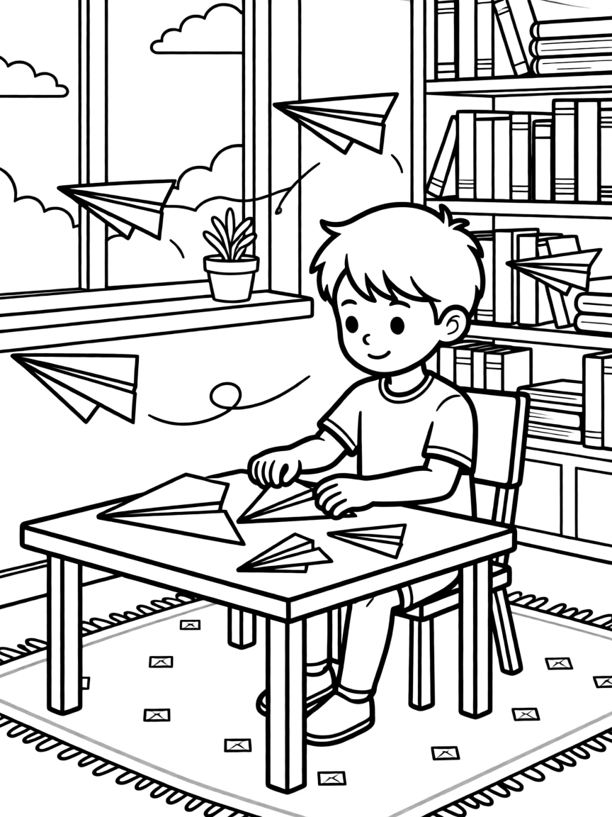 a determined young boy designs a paper airplane, testing which fold flies the farthest across the room.
