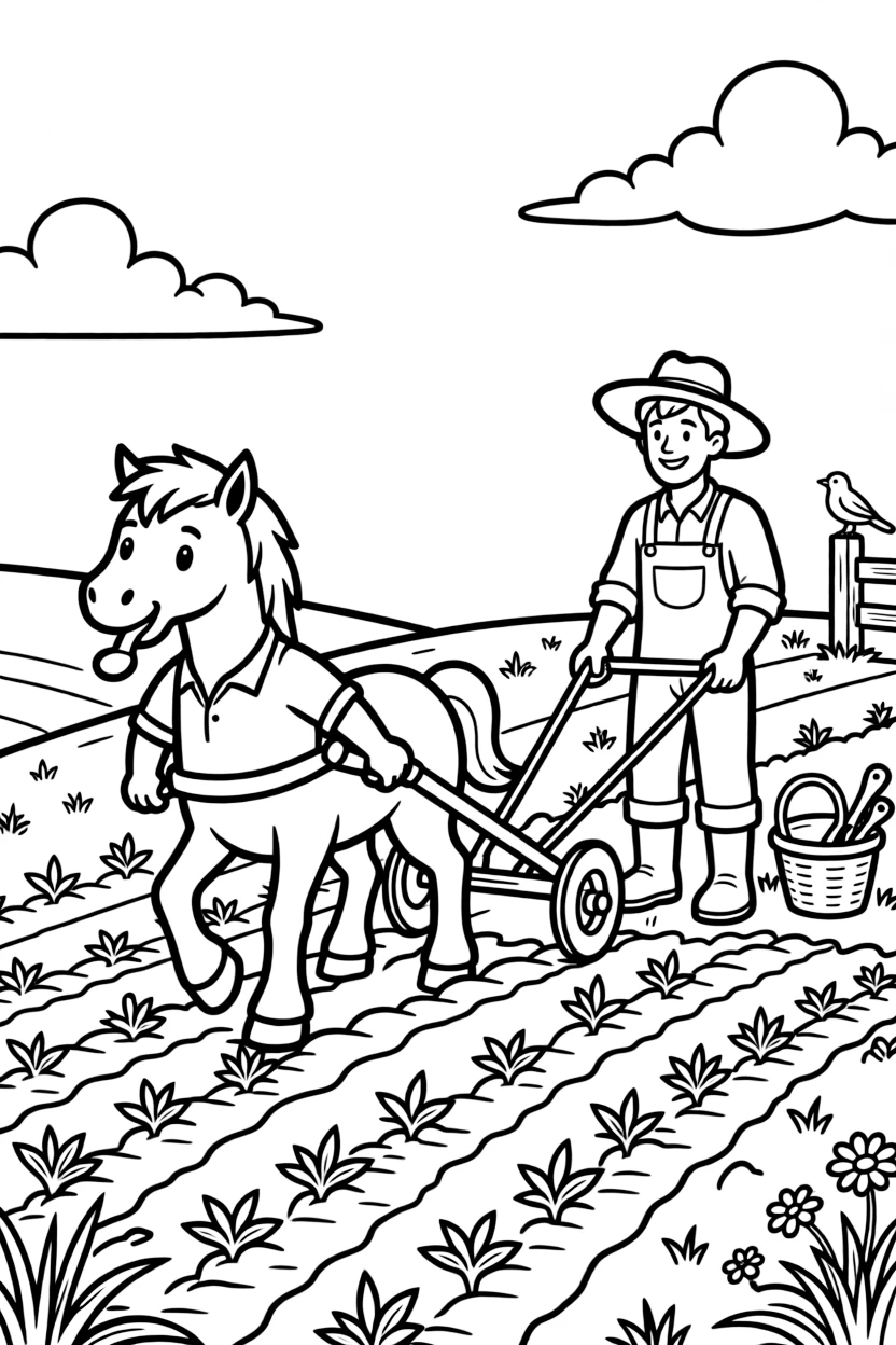 A young centaur helps a farmer plow a field, pulling the plow himself while whistling a cheerful tune.