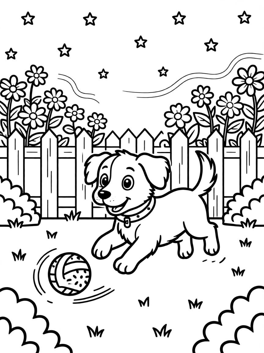 [Pets] a playful puppy chasing a bouncing ball in a sunny backyard, wide-eyed with wonder. Nearby, flowers bloom along the garden fence. A wagging tail adds playful motion. The scene is captured under a starry night sky, with a light breeze blowing, giving the page a lively and adventurous feel that invites plenty of colorful detail.