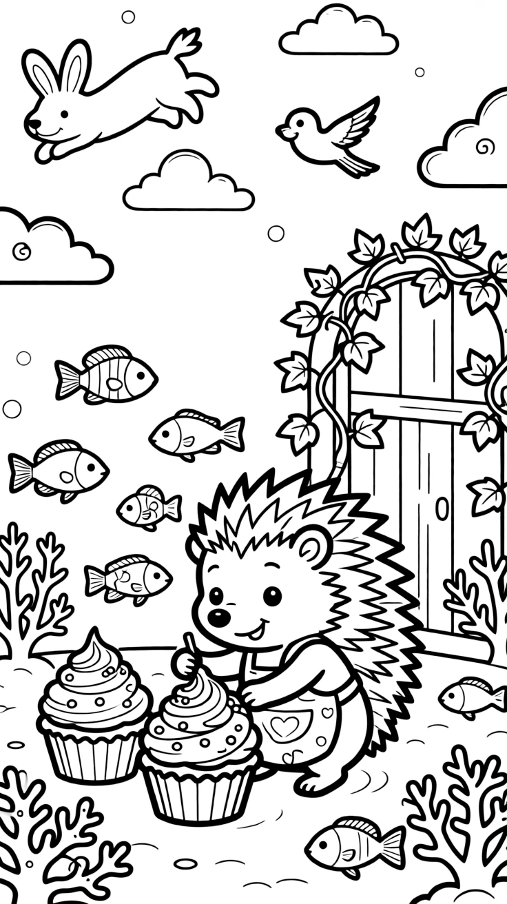 A spiky little hedgehog is decorating cupcakes with sprinkles and swirls of frosting in an underwater coral reef full of colorful fish. In the background, a garden gate covered in climbing ivy and fluffy clouds shaped like little animals bring the scene to life.