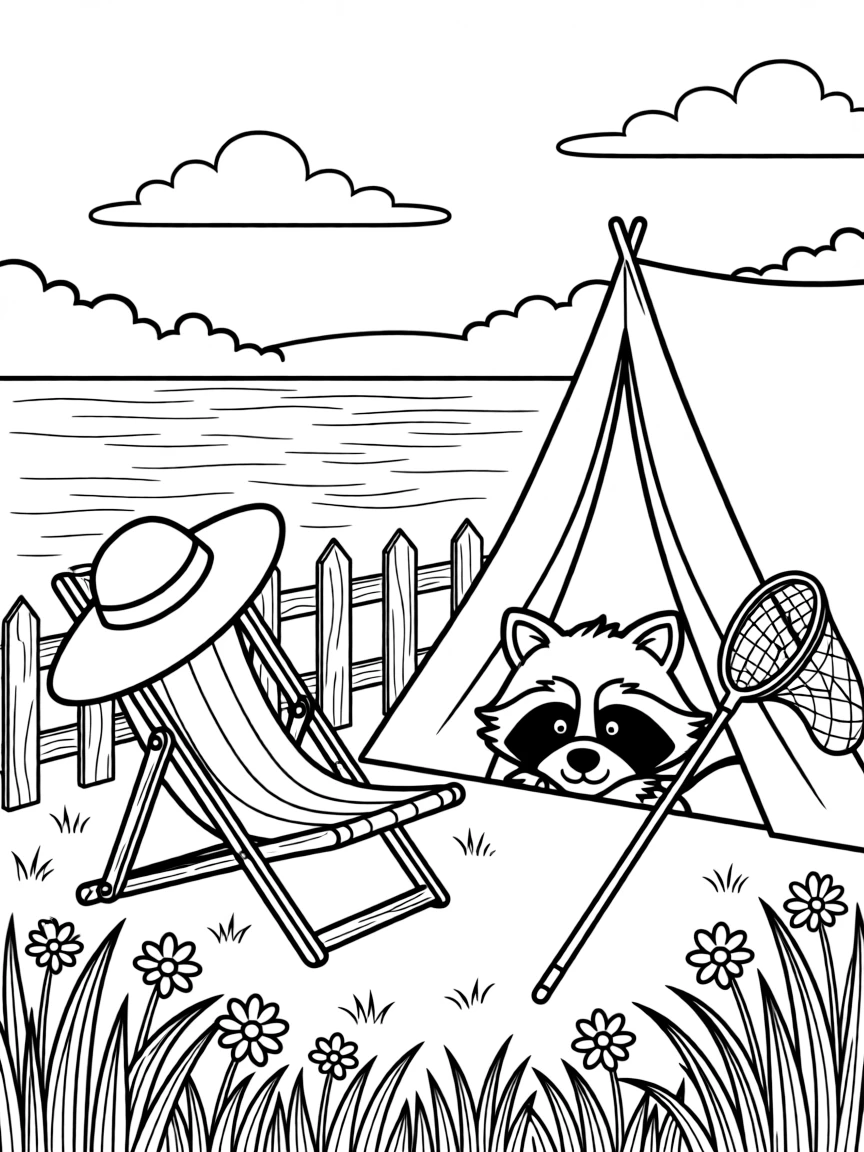 A raccoon peeking curiously into a campsite by a sparkling lake surrounded by tall grass, with a sunhat resting on a beach chair and a butterfly net leaning on a fence nearby.