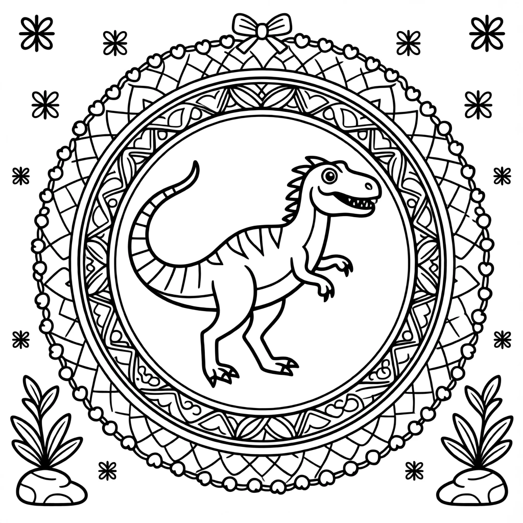 Dinosaurs & Prehistoric: The page presents a small themed scene built around a velociraptor mid-stride with a striped tail, tied together by an oval medallion mandala framed by a double border. The scene is placed in the center of a small symmetrical scene, with matching background details balanced evenly on both sides. Decorative details fill the surrounding space, including tiny pinwheel stars, a chain of linked heart shapes, and overlapping fish-scale textures woven throughout the background. A playful extra touch completes the page: a small ribbon bow tied neatly at the top of the design.