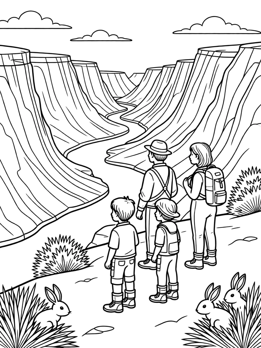 [Canyon Trails] A group of hikers pauses to admire a winding river far below the canyon rim. A family of rabbits hides among the scrubby bushes growing along the canyon trail. A winding river cuts through the canyon floor far below the rocky rim trail. The canyon glows deep orange as the sun sets behind the layered rock walls.